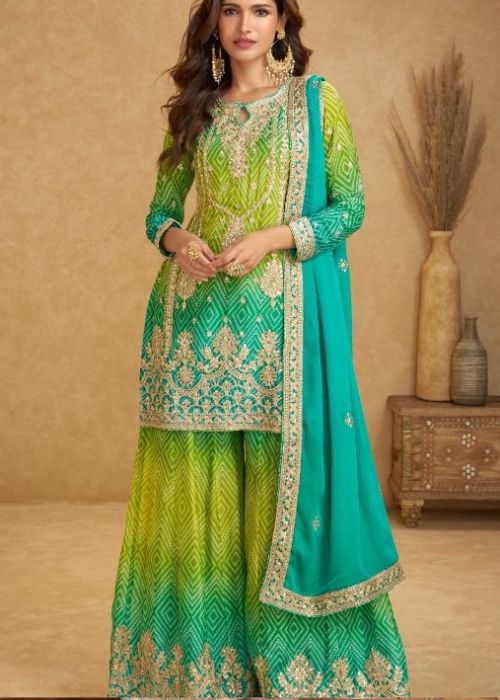 Green Shaded Wedding Special Chinon Sharara Set