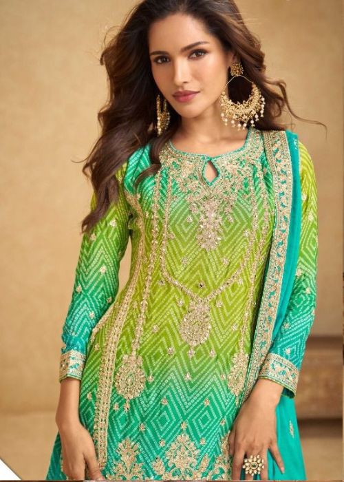 Green Shaded Wedding Special Chinon Sharara Set