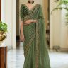 Olive Green V Neck Designer Blouse Organza Saree