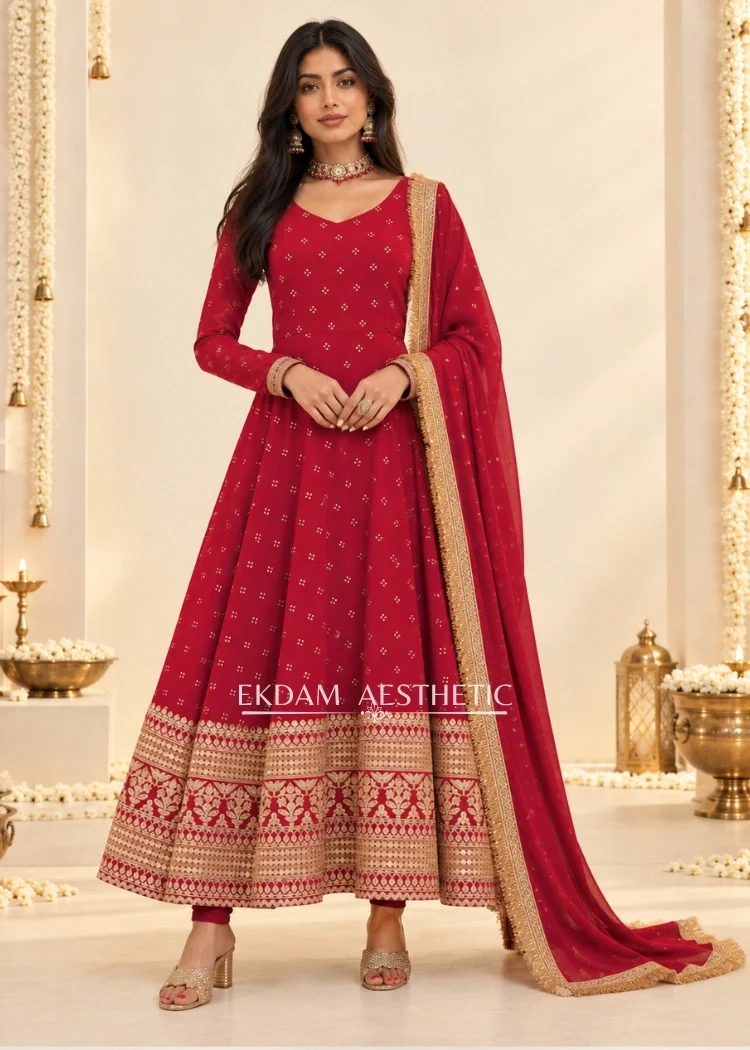 Red Sequin Border Designer Flared Anarkali Suit