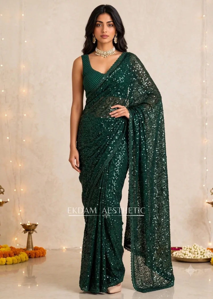 Green Sequin Glitter Georgette Saree for Woman