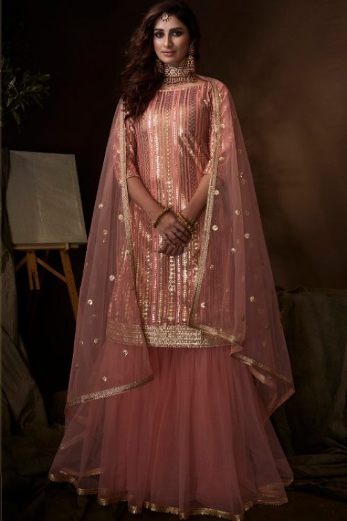 Pink Net Sequin Muslim Style Gharara Suit
