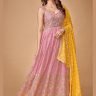 Pink Georgette Anarkali & Yellow Sequin Dupatta Set