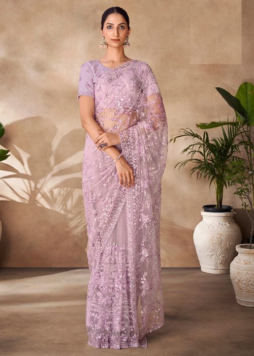 Lilac Indian wedding Net Embellished Saree