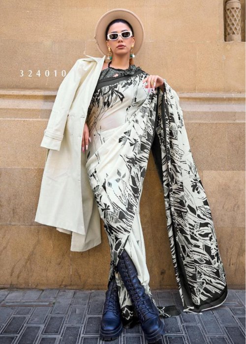 Cream Satin Soft Black Print Saree