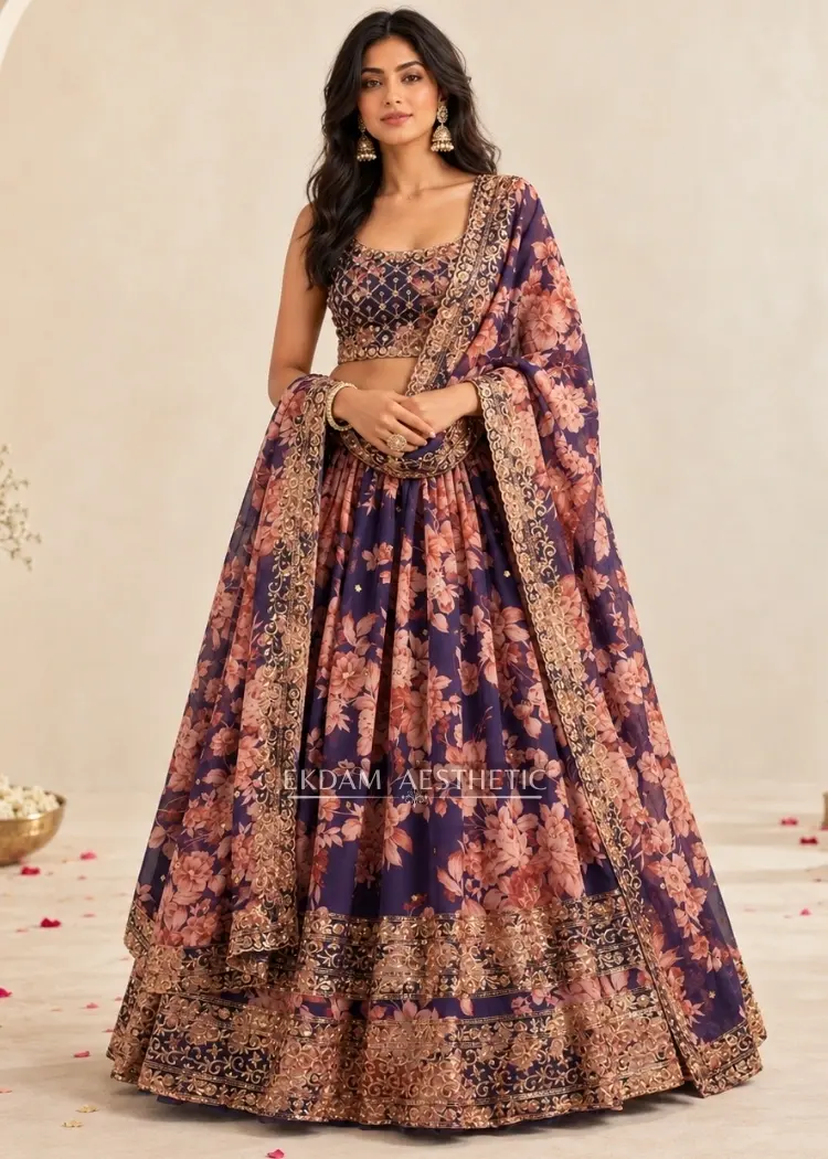 Organza Floral Printed Bollywood Lehenga Choli