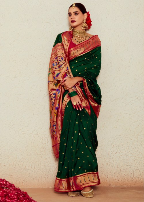 Green Fancy Party Wear Brasso Saree with Embroidery Motif Blouse