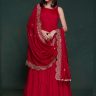 Simple Red Anarkali Suit with Scalloped Dupatta in Georgette