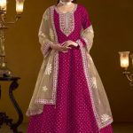 Magenta Chanderi Butti Woman Anarkali with Net Dupatta