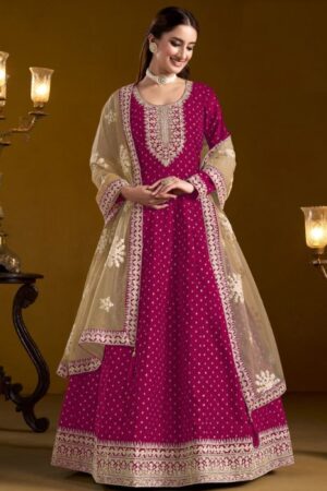 Magenta Chanderi Butti Woman Anarkali with Net Dupatta