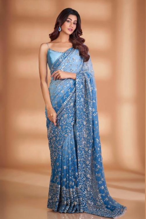 Blue Sequin Saree Blouse for Woman in Georgette