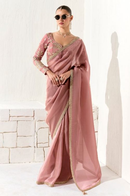 Peach Organza Designer Blouse Bollywood Saree