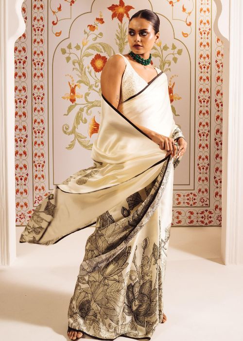 White Satin Crepe Printed Saree For Woman