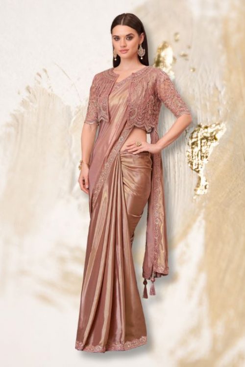Rose Gold Designer Party Wear 3 piece Jacket Styled Saree