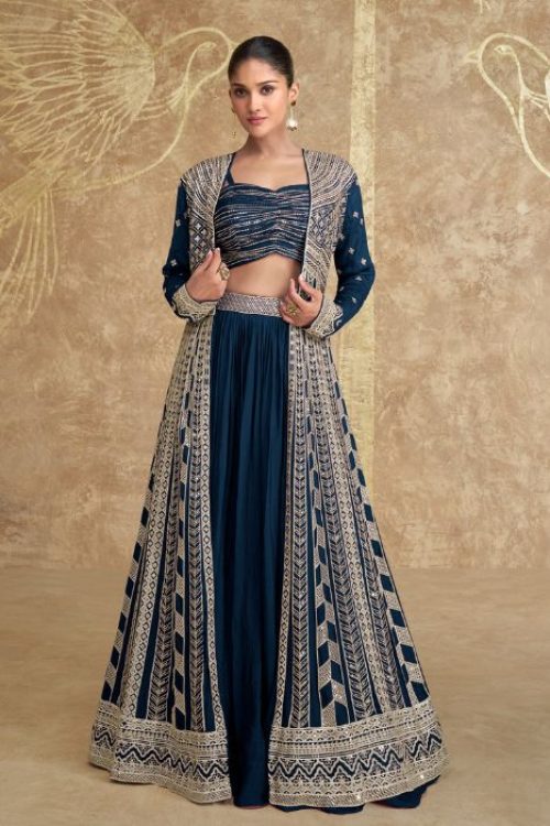 Teal Crop Top Lehenga with Jacket for Wedding