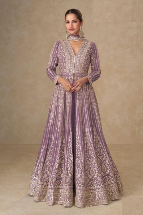 Lavender Chinon Silk Wedding Special Long Anarkali Set