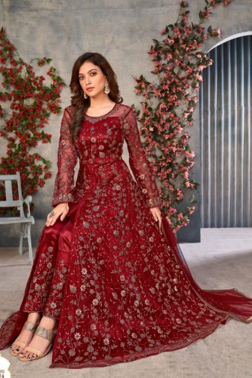Glitter Red Net Anarkali Dress for Wedding
