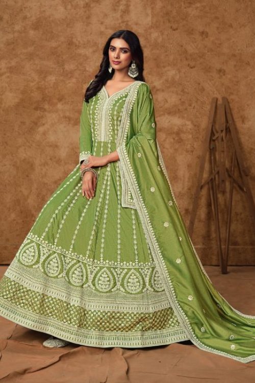 Parrot Green Muslim Dola Silk Anarkali Set
