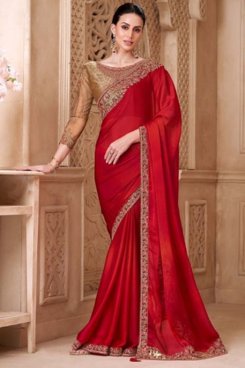 Trending Georgette Saree with Embroidered Border for Diwali & Wedding