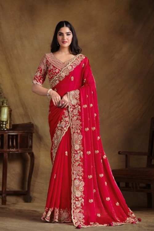 Trending Red Karwa Chauth Organza Saree with Embroidery Work