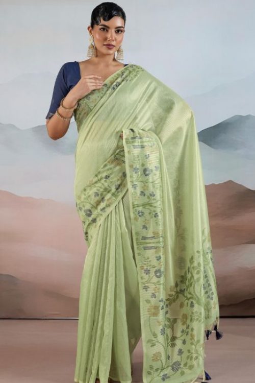 Women Party & Festival Green Handloom Tissue Saree