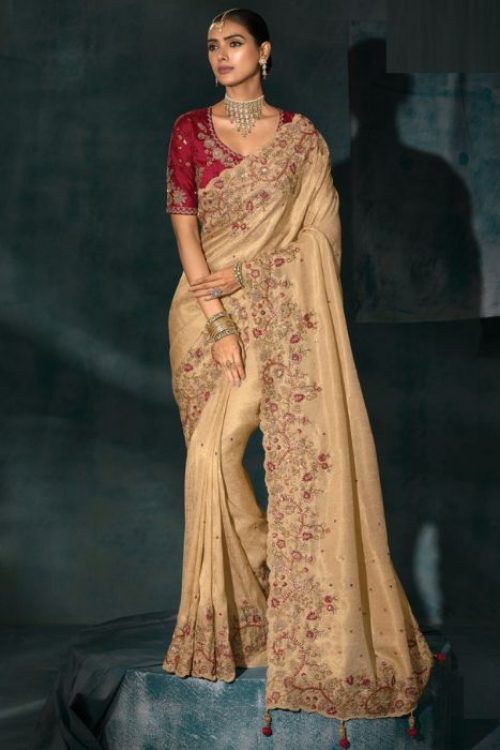 Wedding Golden Silk Heavy Embroidery Work Saree for Women