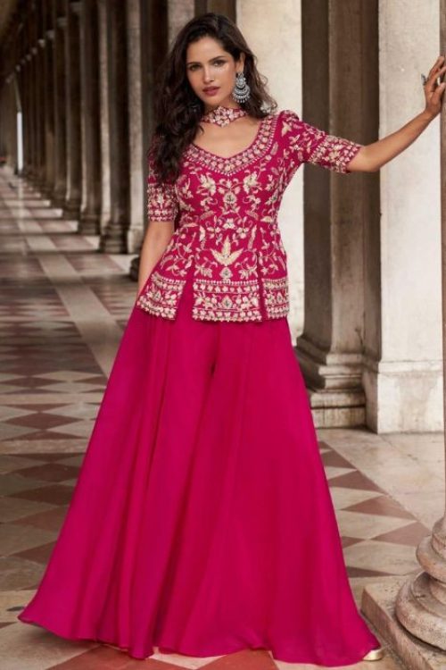 Pink organza silk Trendy Plazzo with Short Kurti