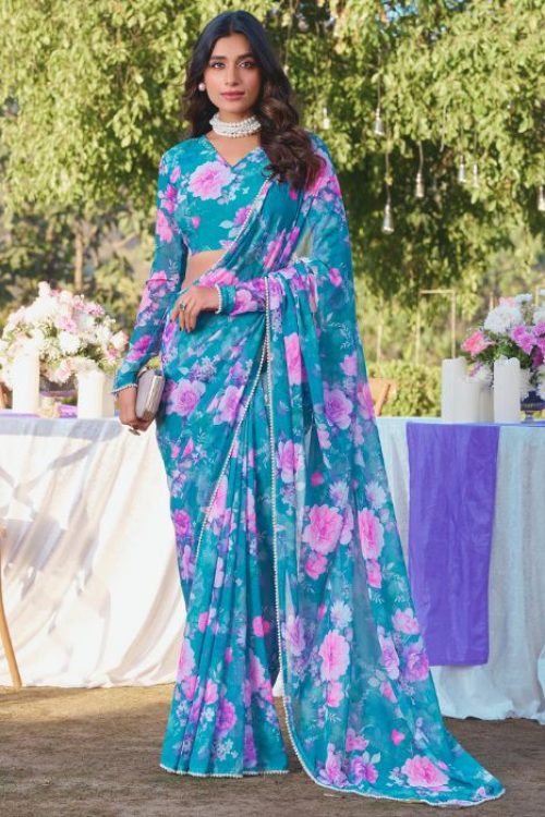 Blue Chiffon Floral Printed Saree for Woman