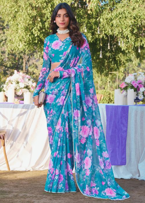 Blue Chiffon Floral Printed Saree for Woman
