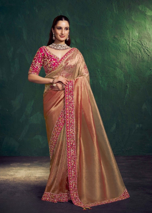 Women’s Golden Tissue Silk Party Wear Saree Stitched Blouse