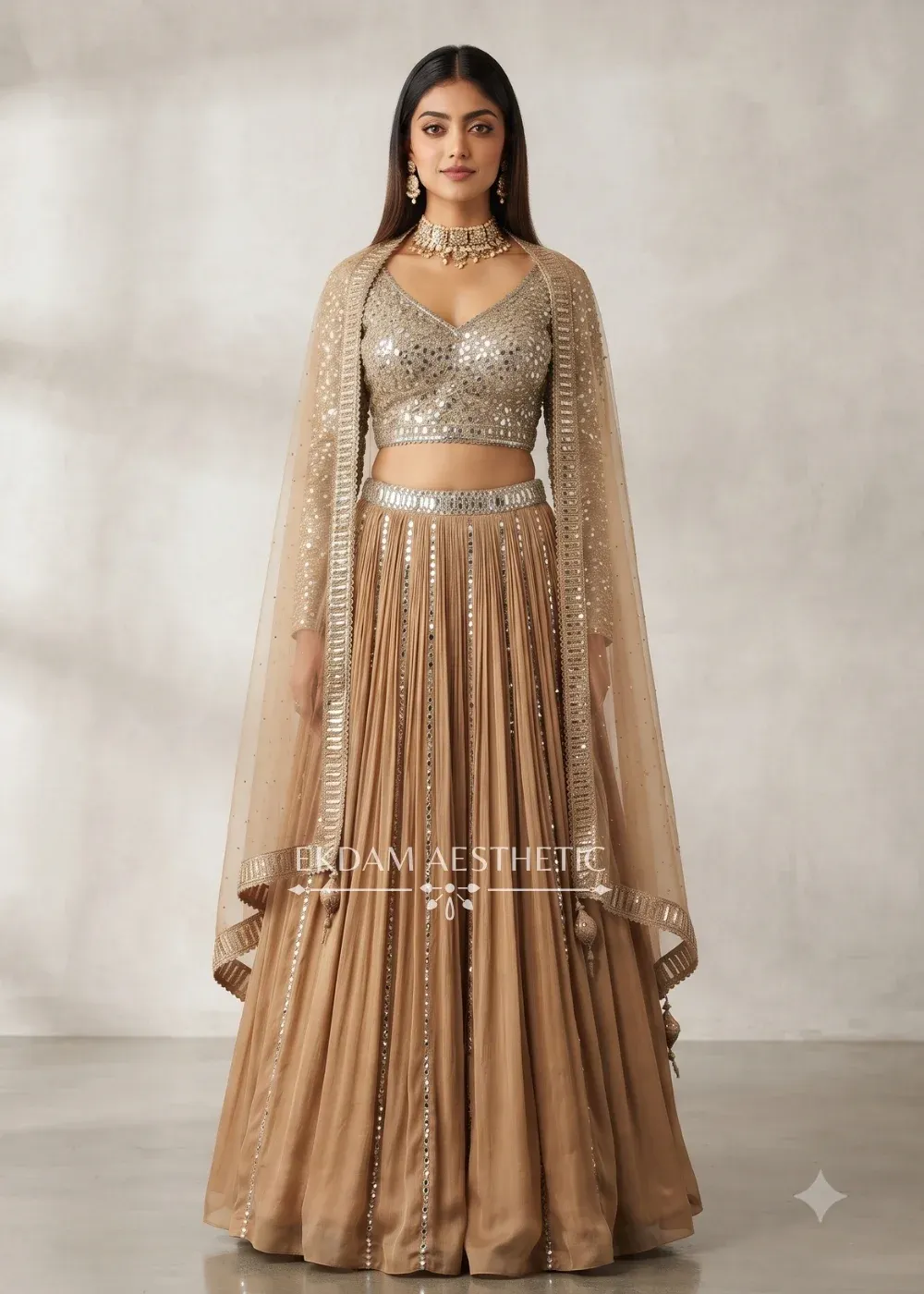 Beige Georgette Party Wear Lehenga with Sequin Blouse