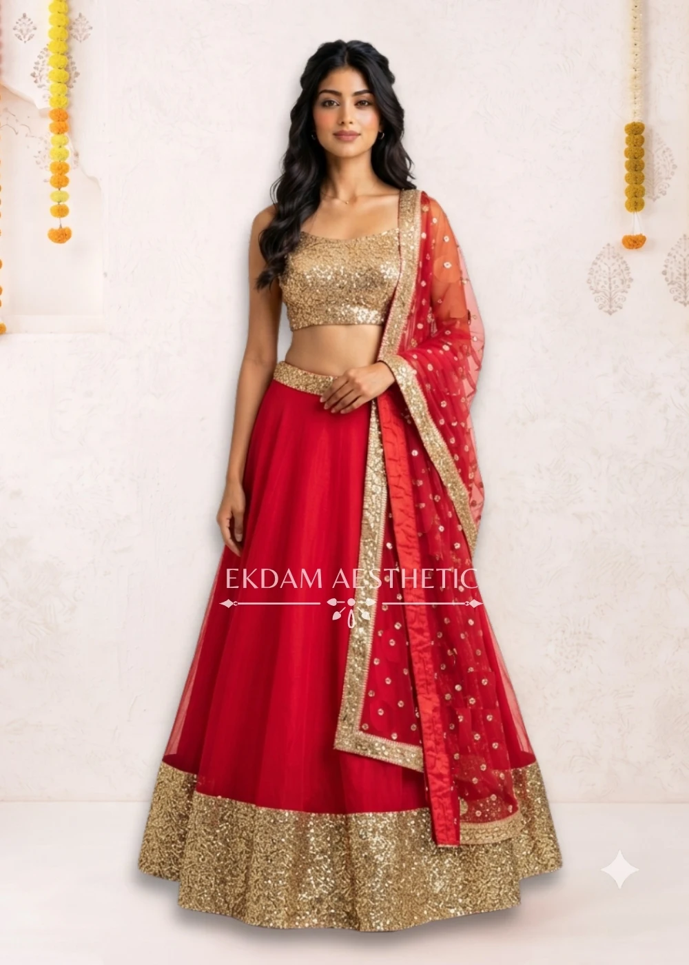 Red Net Sequin Border Designer Lehenga