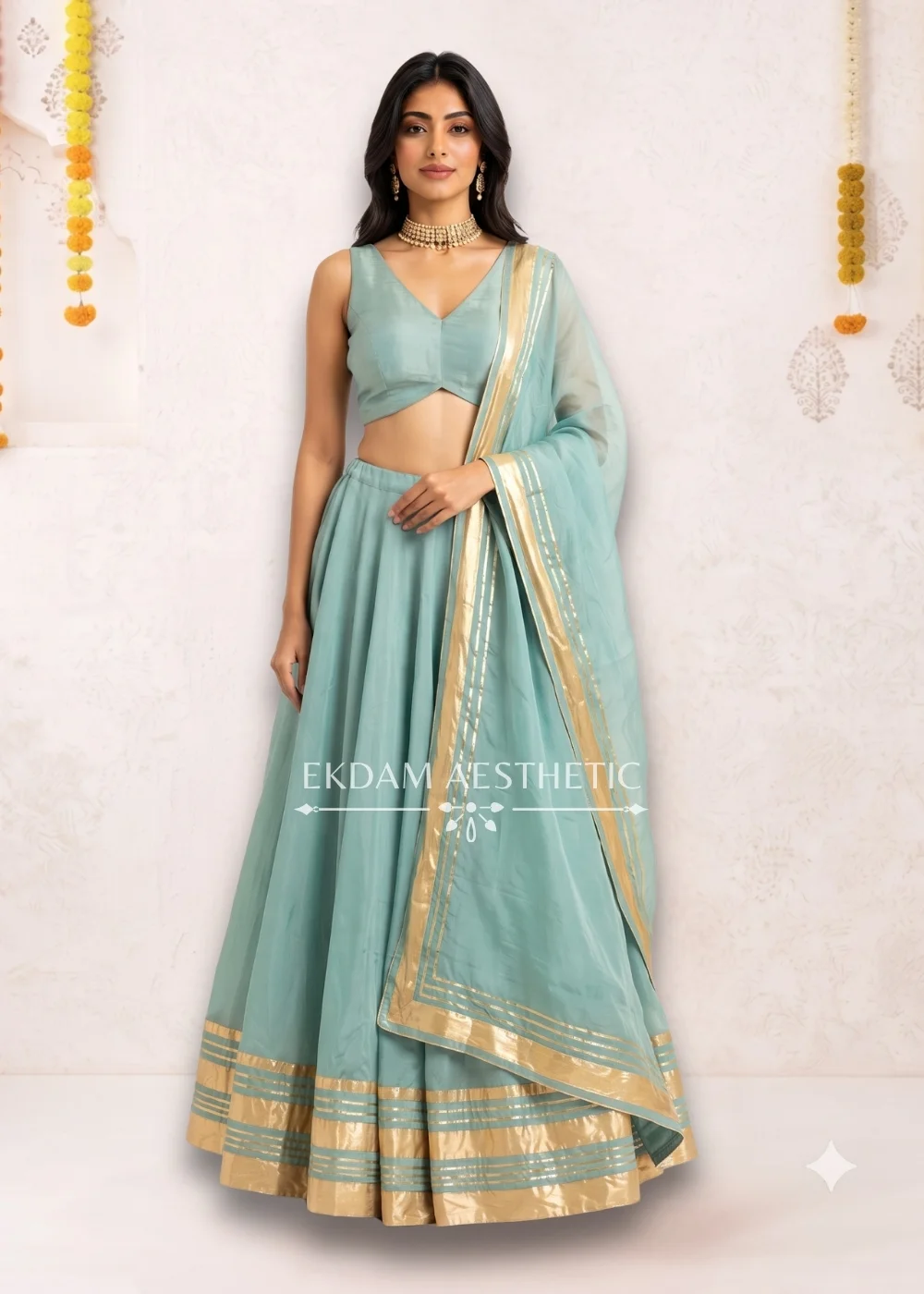Aqua Blue Cotton Silk Lehenga with Organza Dupatta